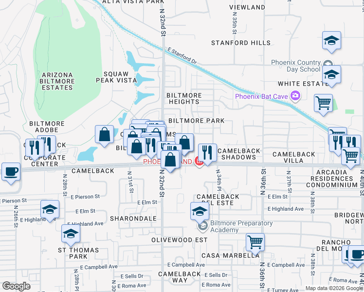 map of restaurants, bars, coffee shops, grocery stores, and more near 3270 East Camelback Road in Phoenix