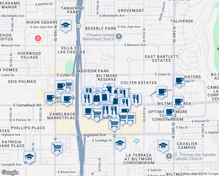 map of restaurants, bars, coffee shops, grocery stores, and more near 1935 East Medlock Drive in Phoenix