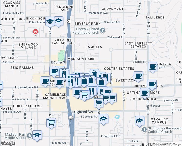 map of restaurants, bars, coffee shops, grocery stores, and more near 1901 East Medlock Drive in Phoenix