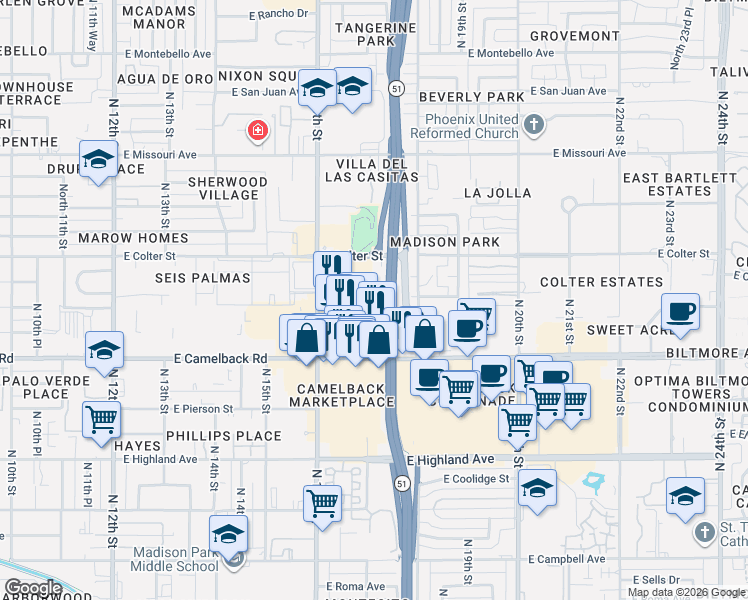 map of restaurants, bars, coffee shops, grocery stores, and more near 1701 East Colter Street in Phoenix