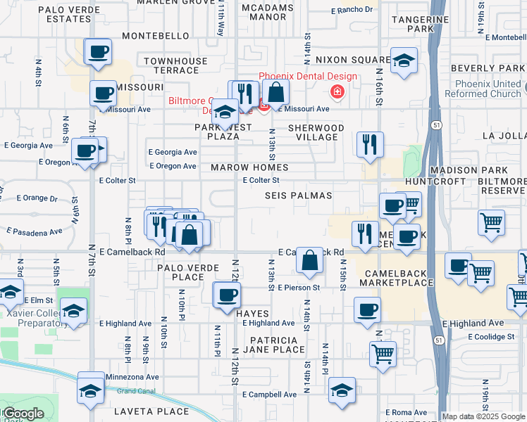 map of restaurants, bars, coffee shops, grocery stores, and more near 1241 East Medlock Drive in Phoenix