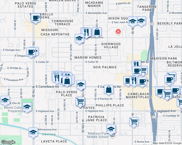 map of restaurants, bars, coffee shops, grocery stores, and more near 1241 East Medlock Drive in Phoenix