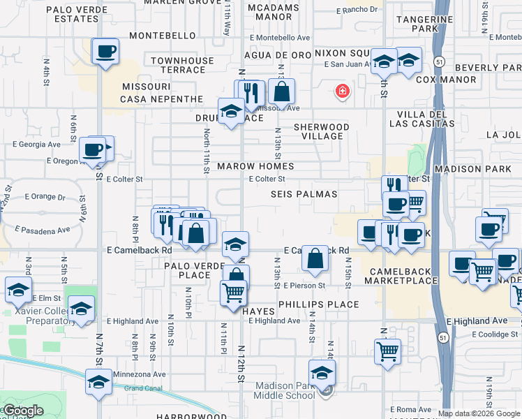 map of restaurants, bars, coffee shops, grocery stores, and more near 1241 East Medlock Drive in Phoenix