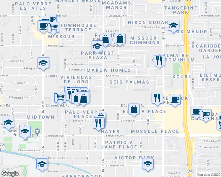 map of restaurants, bars, coffee shops, grocery stores, and more near 1241 East Medlock Drive in Phoenix