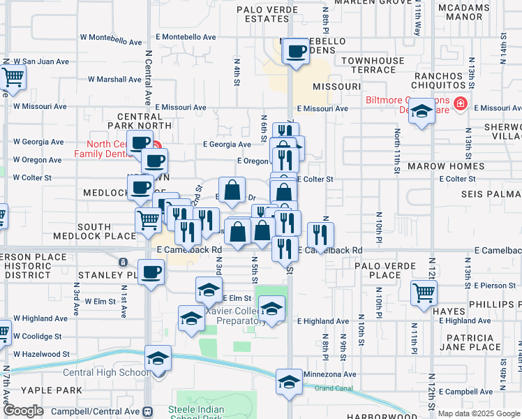 map of restaurants, bars, coffee shops, grocery stores, and more near 515 East Orange Drive in Phoenix