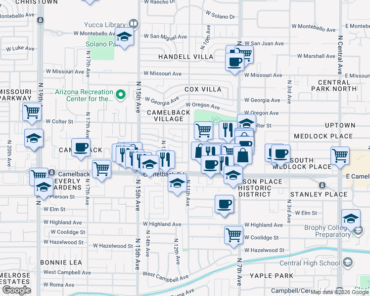 map of restaurants, bars, coffee shops, grocery stores, and more near 1115 West Orange Drive in Phoenix