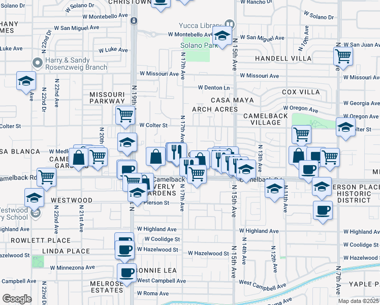 map of restaurants, bars, coffee shops, grocery stores, and more near 5111 North 17th Avenue in Phoenix