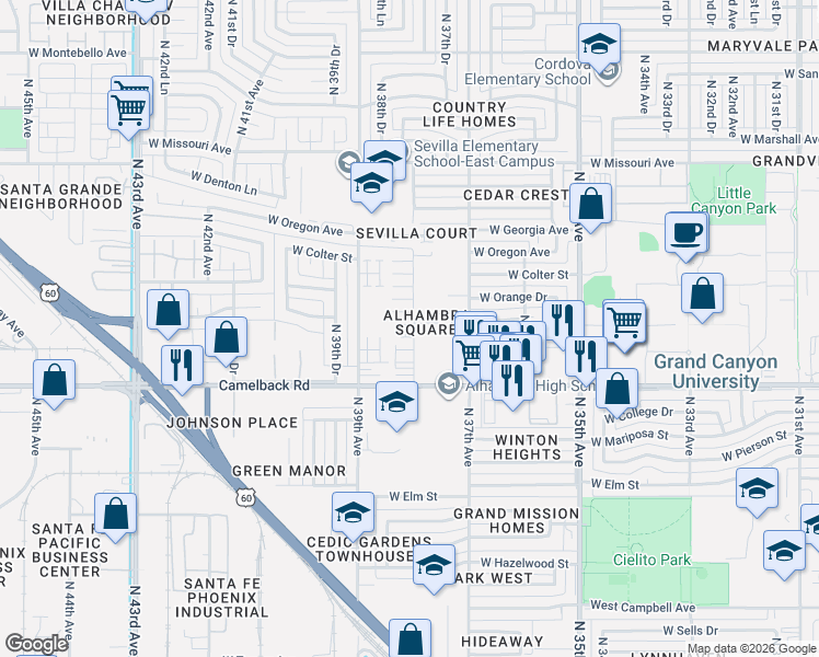 map of restaurants, bars, coffee shops, grocery stores, and more near 3838 West Camelback Road in Phoenix