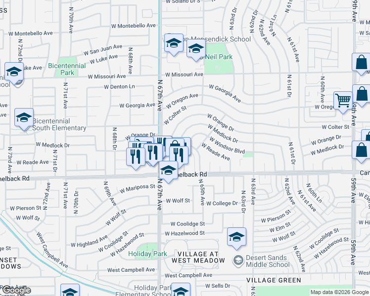 map of restaurants, bars, coffee shops, grocery stores, and more near 6596 West Medlock Drive in Glendale
