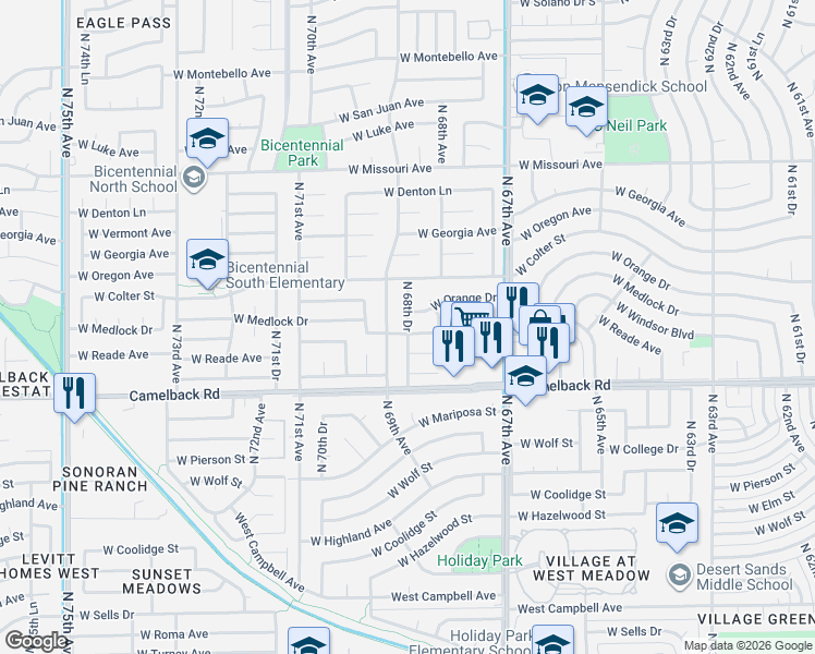 map of restaurants, bars, coffee shops, grocery stores, and more near 5115 North 69th Avenue in Glendale