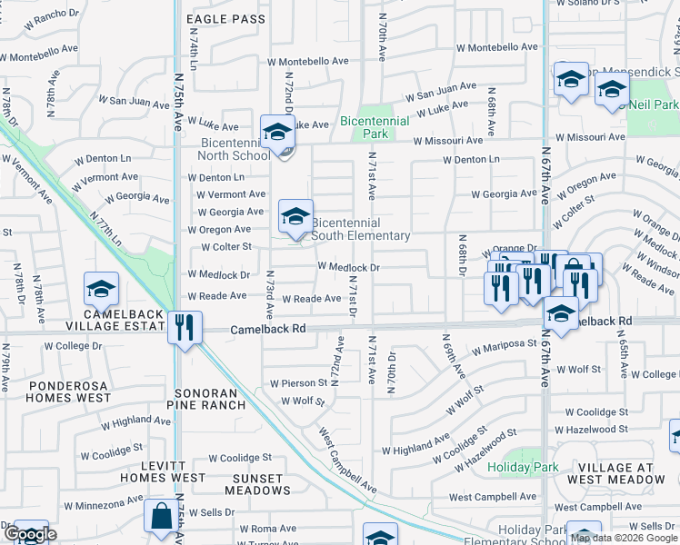 map of restaurants, bars, coffee shops, grocery stores, and more near 5064 North 71st Lane in Glendale