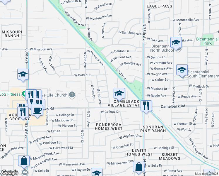 map of restaurants, bars, coffee shops, grocery stores, and more near 5127 North 77th Drive in Glendale