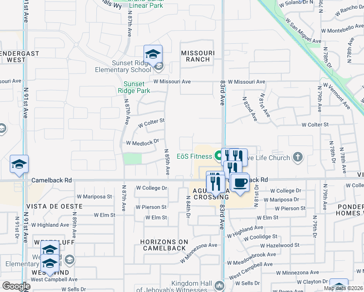 map of restaurants, bars, coffee shops, grocery stores, and more near 5123 North 85th Avenue in Glendale