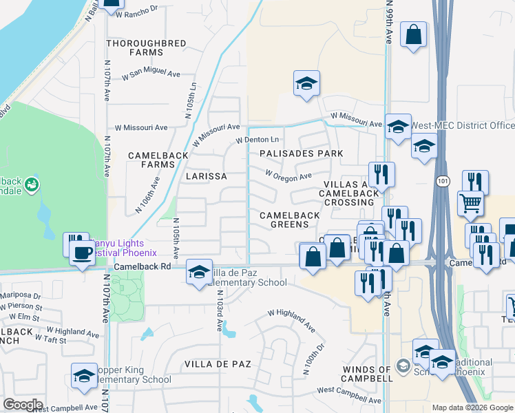 map of restaurants, bars, coffee shops, grocery stores, and more near 10264 West Medlock Drive in Glendale