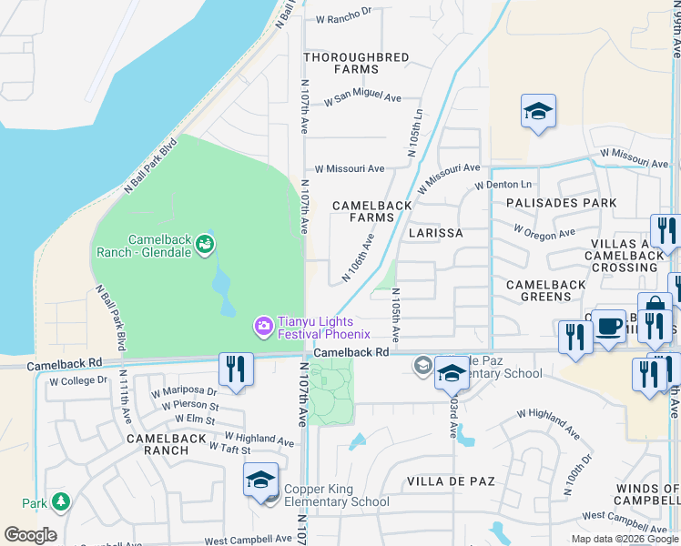 map of restaurants, bars, coffee shops, grocery stores, and more near 5233 North 106th Drive in Glendale