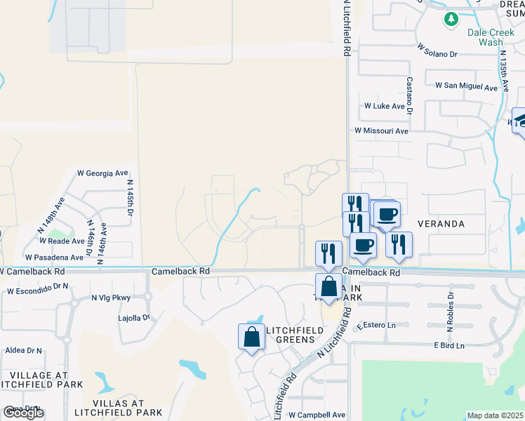 map of restaurants, bars, coffee shops, grocery stores, and more near 14260 South Denny Boulevard in Litchfield Park