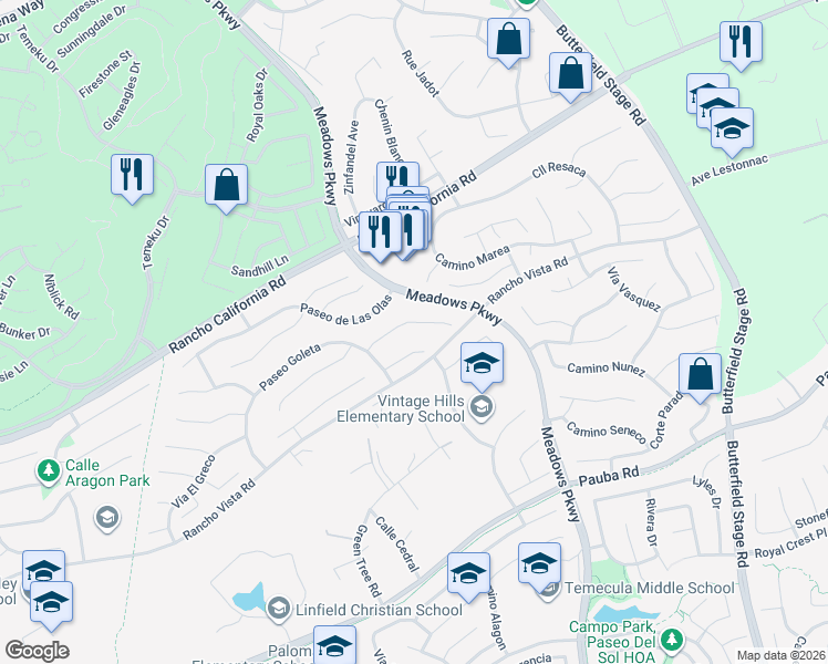 map of restaurants, bars, coffee shops, grocery stores, and more near 31919 Corte Positas in Temecula
