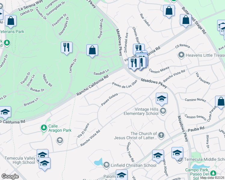 map of restaurants, bars, coffee shops, grocery stores, and more near 31609 Corte Salinas in Temecula