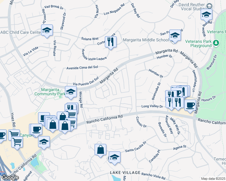 map of restaurants, bars, coffee shops, grocery stores, and more near 42122 Veneto Drive in Temecula