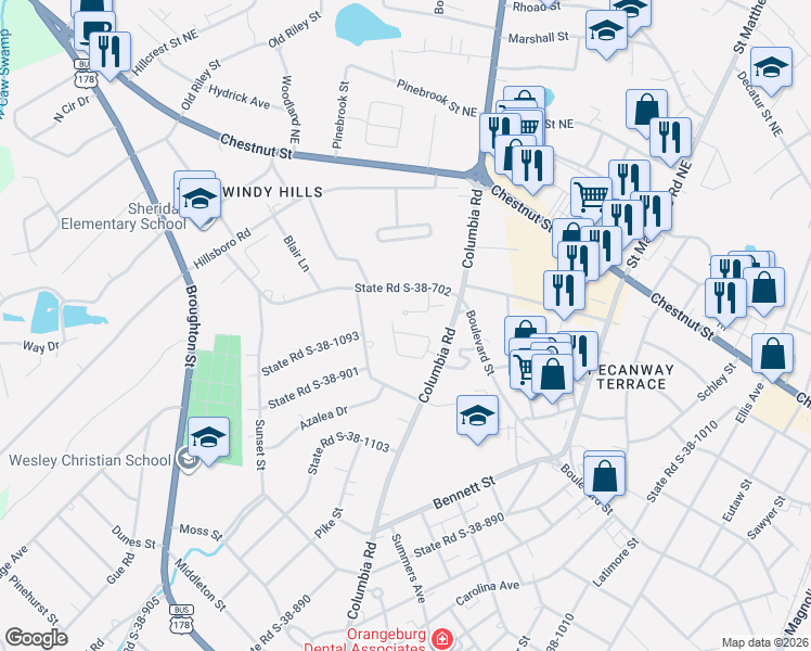 map of restaurants, bars, coffee shops, grocery stores, and more near 302 Orangepark Drive in Orangeburg