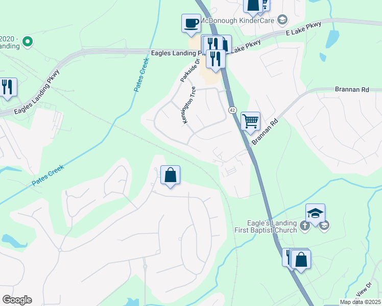map of restaurants, bars, coffee shops, grocery stores, and more near 179 Parkside Drive in Stockbridge