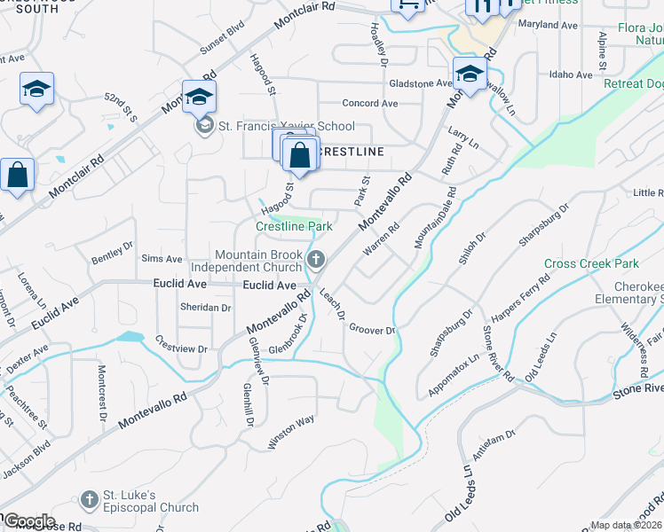map of restaurants, bars, coffee shops, grocery stores, and more near 4225 Montevallo Road in Birmingham