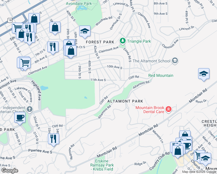 map of restaurants, bars, coffee shops, grocery stores, and more near 4141 Crescent Road in Birmingham