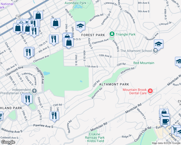 map of restaurants, bars, coffee shops, grocery stores, and more near 4100 Crescent Road in Birmingham