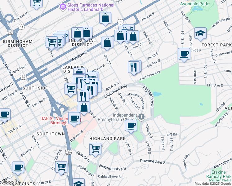 map of restaurants, bars, coffee shops, grocery stores, and more near 3101 Clairmont Avenue in Birmingham