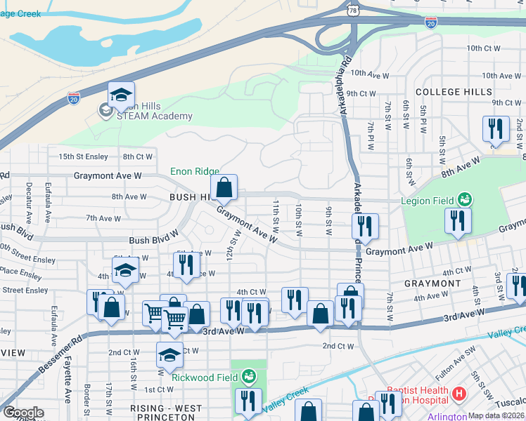 map of restaurants, bars, coffee shops, grocery stores, and more near 1102 7th Avenue West in Birmingham