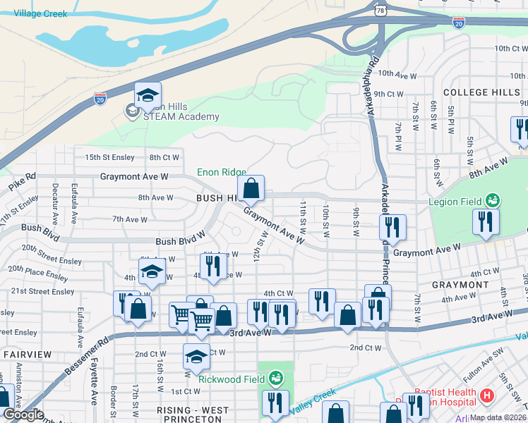 map of restaurants, bars, coffee shops, grocery stores, and more near 1136 7th Avenue West in Birmingham