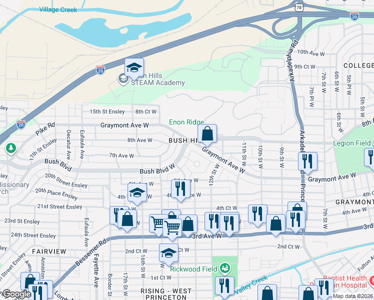 map of restaurants, bars, coffee shops, grocery stores, and more near 1305 Bush Boulevard West in Birmingham