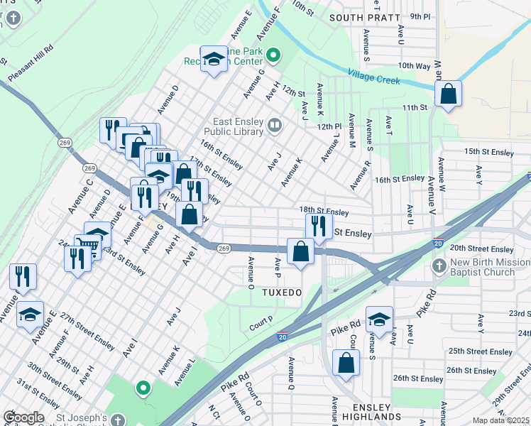 map of restaurants, bars, coffee shops, grocery stores, and more near 1802 Avenue P in Birmingham