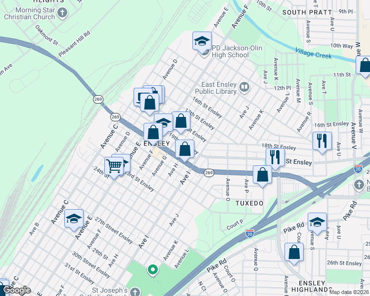 map of restaurants, bars, coffee shops, grocery stores, and more near 722 19th Street Ensley in Bessemer