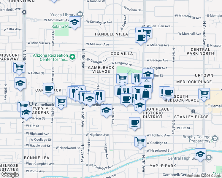 map of restaurants, bars, coffee shops, grocery stores, and more near 1115 West Orange Drive in Phoenix