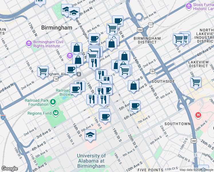 map of restaurants, bars, coffee shops, grocery stores, and more near 105 20th Street South in Birmingham