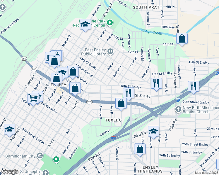 map of restaurants, bars, coffee shops, grocery stores, and more near 1802 Avenue P in Birmingham