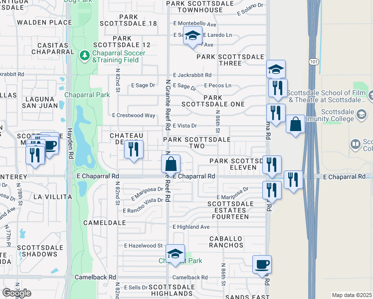 map of restaurants, bars, coffee shops, grocery stores, and more near 8437 East Orange Blossom Lane in Scottsdale