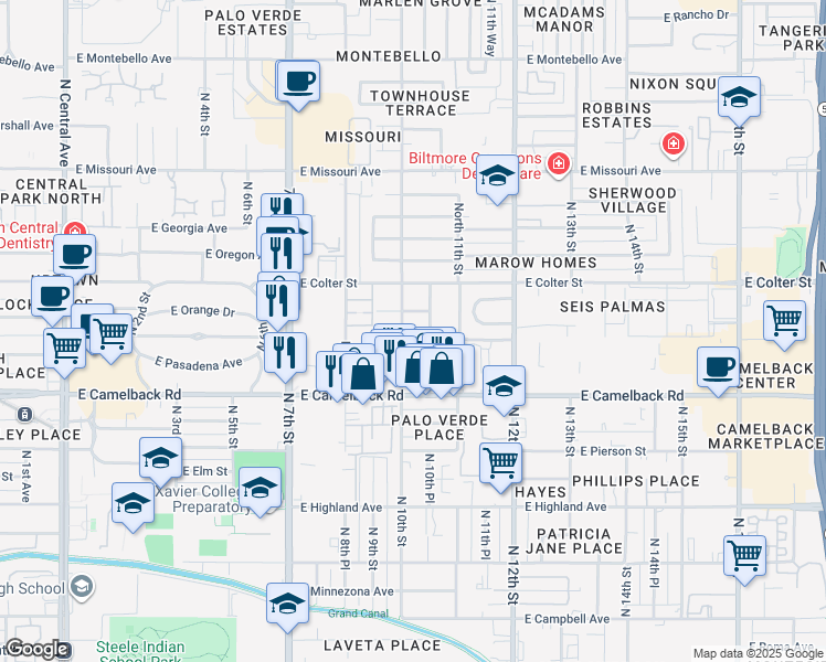 map of restaurants, bars, coffee shops, grocery stores, and more near 1002 East Medlock Drive in Phoenix