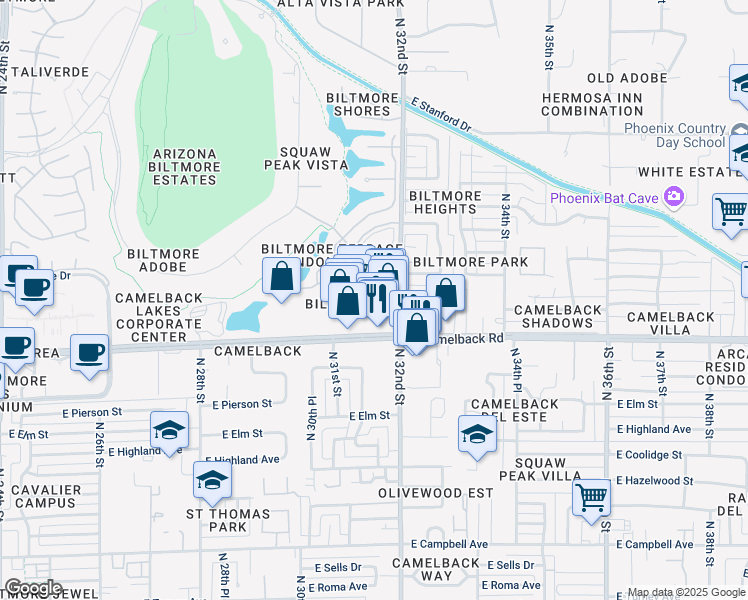 map of restaurants, bars, coffee shops, grocery stores, and more near 3160 East Camelback Road in Phoenix