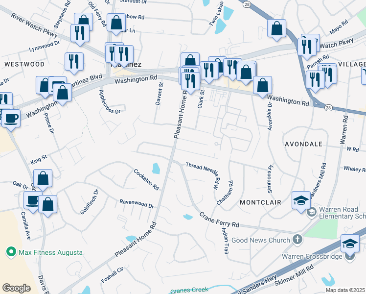 map of restaurants, bars, coffee shops, grocery stores, and more near 3325 Westcliffe Court in Augusta