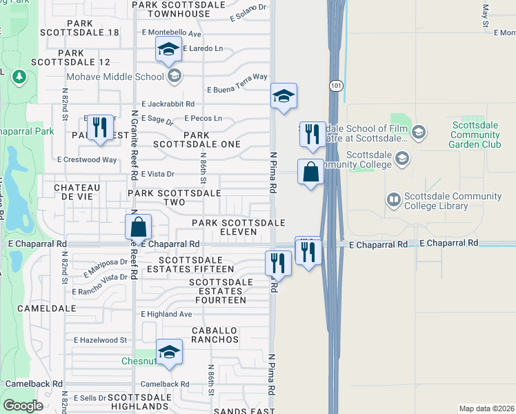 map of restaurants, bars, coffee shops, grocery stores, and more near 8737 East Bonita Drive in Scottsdale