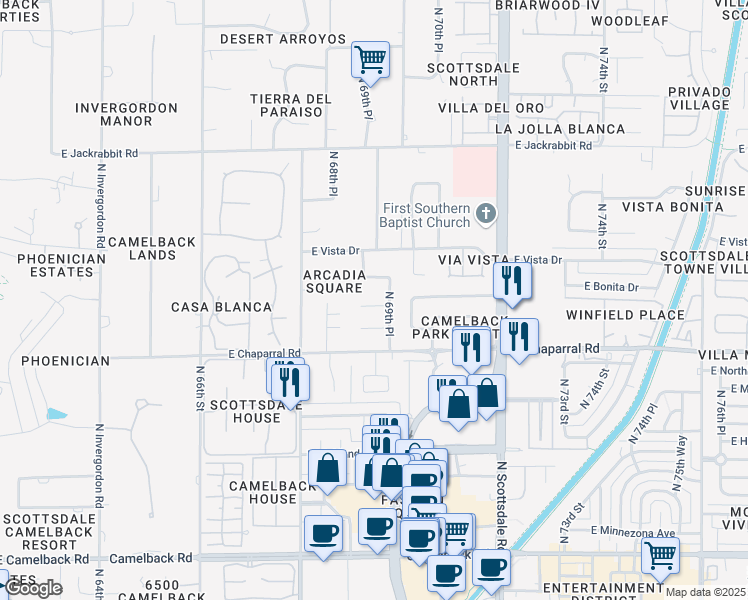 map of restaurants, bars, coffee shops, grocery stores, and more near 6924 East Orange Blossom Drive in Paradise Valley