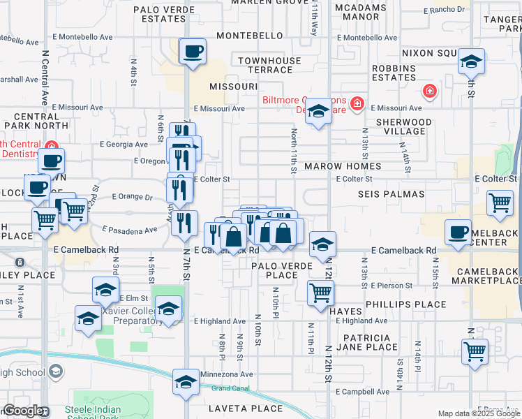 map of restaurants, bars, coffee shops, grocery stores, and more near 1002 East Medlock Drive in Phoenix