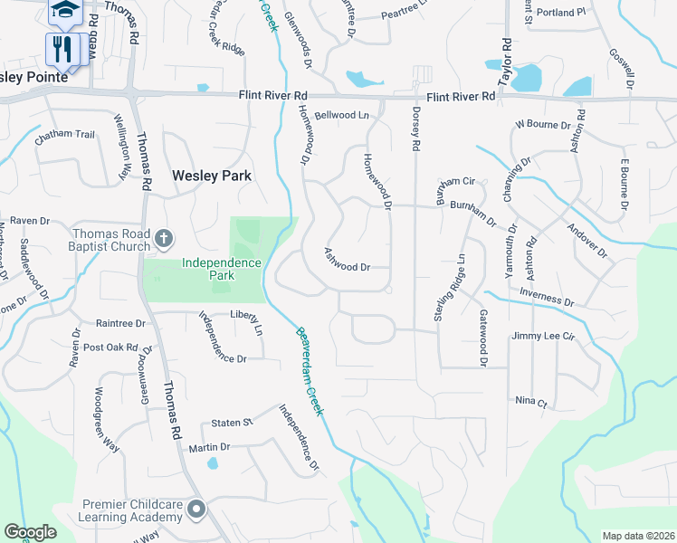 map of restaurants, bars, coffee shops, grocery stores, and more near 8947 Ashwood Drive in Riverdale
