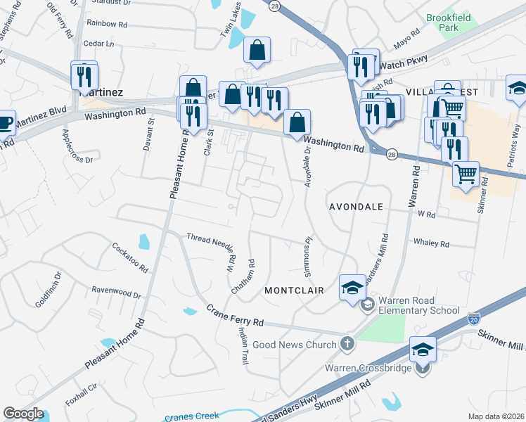 map of restaurants, bars, coffee shops, grocery stores, and more near 405 Folkstone Circle in Augusta