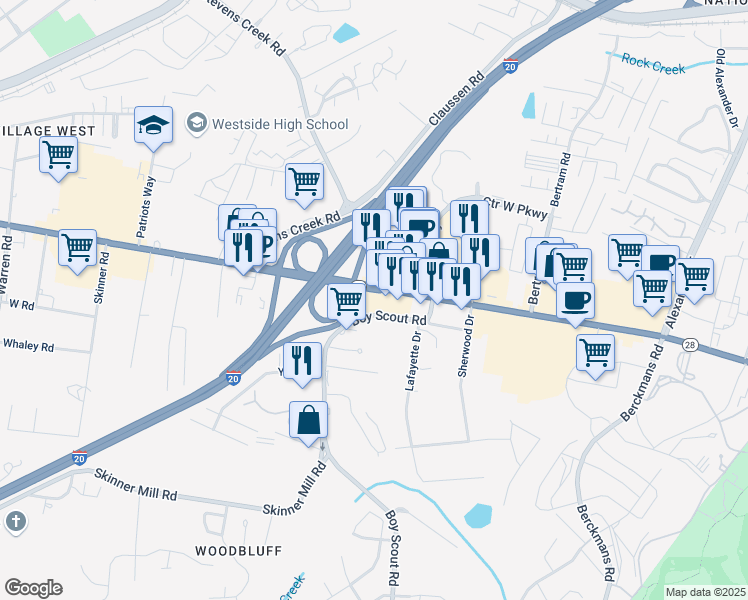 map of restaurants, bars, coffee shops, grocery stores, and more near 2916 Washington Road in Augusta