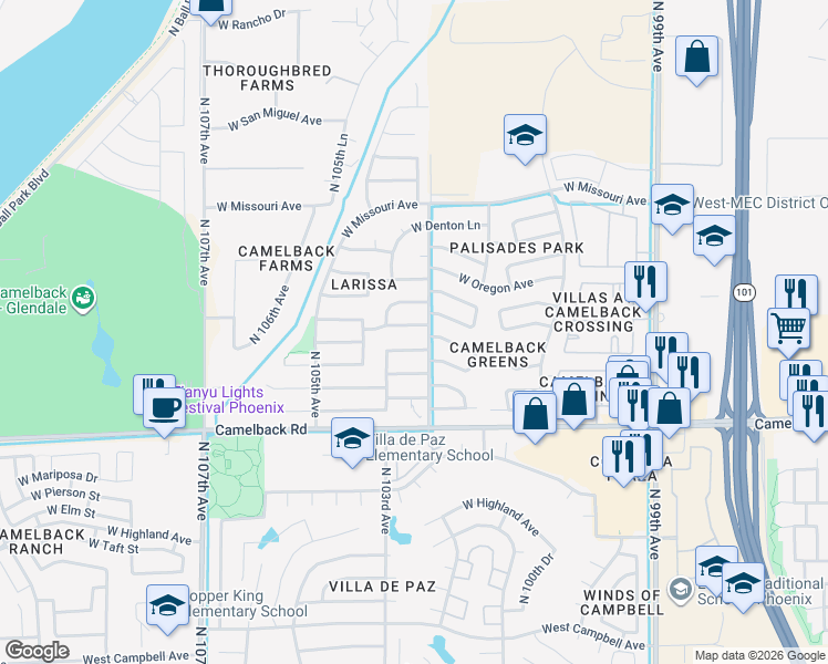 map of restaurants, bars, coffee shops, grocery stores, and more near 10323 West Medlock Drive in Glendale