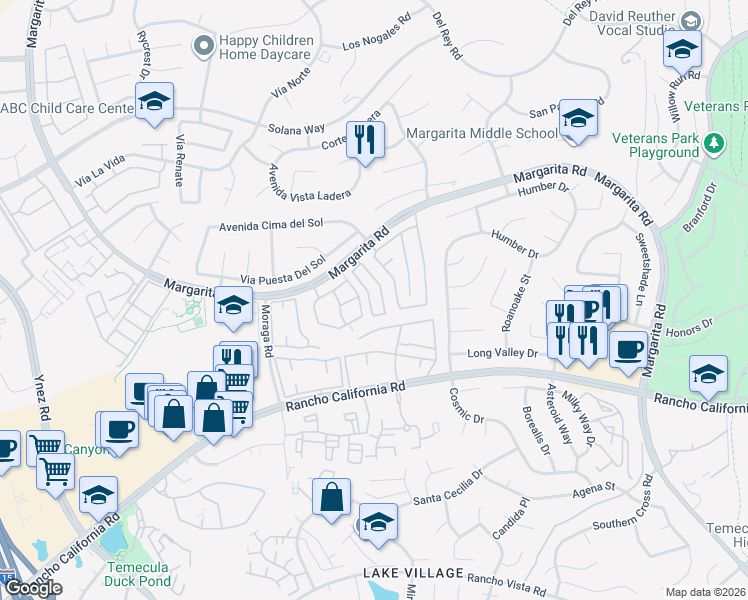 map of restaurants, bars, coffee shops, grocery stores, and more near 42134 Veneto Drive in Temecula