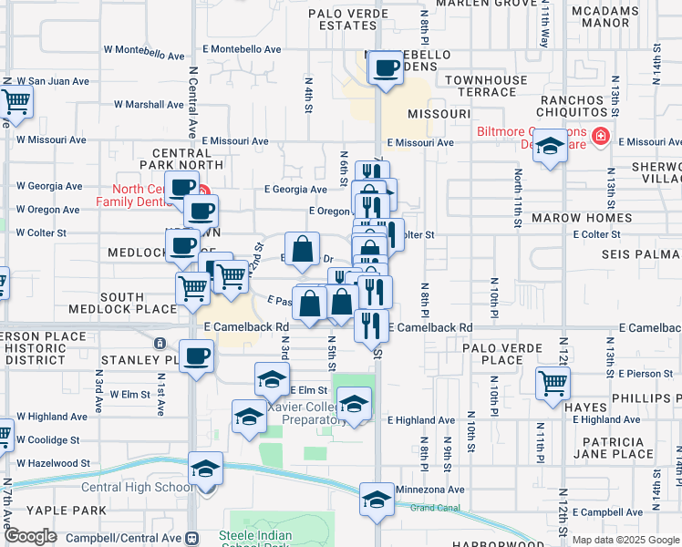 map of restaurants, bars, coffee shops, grocery stores, and more near 515 East Orange Drive in Phoenix
